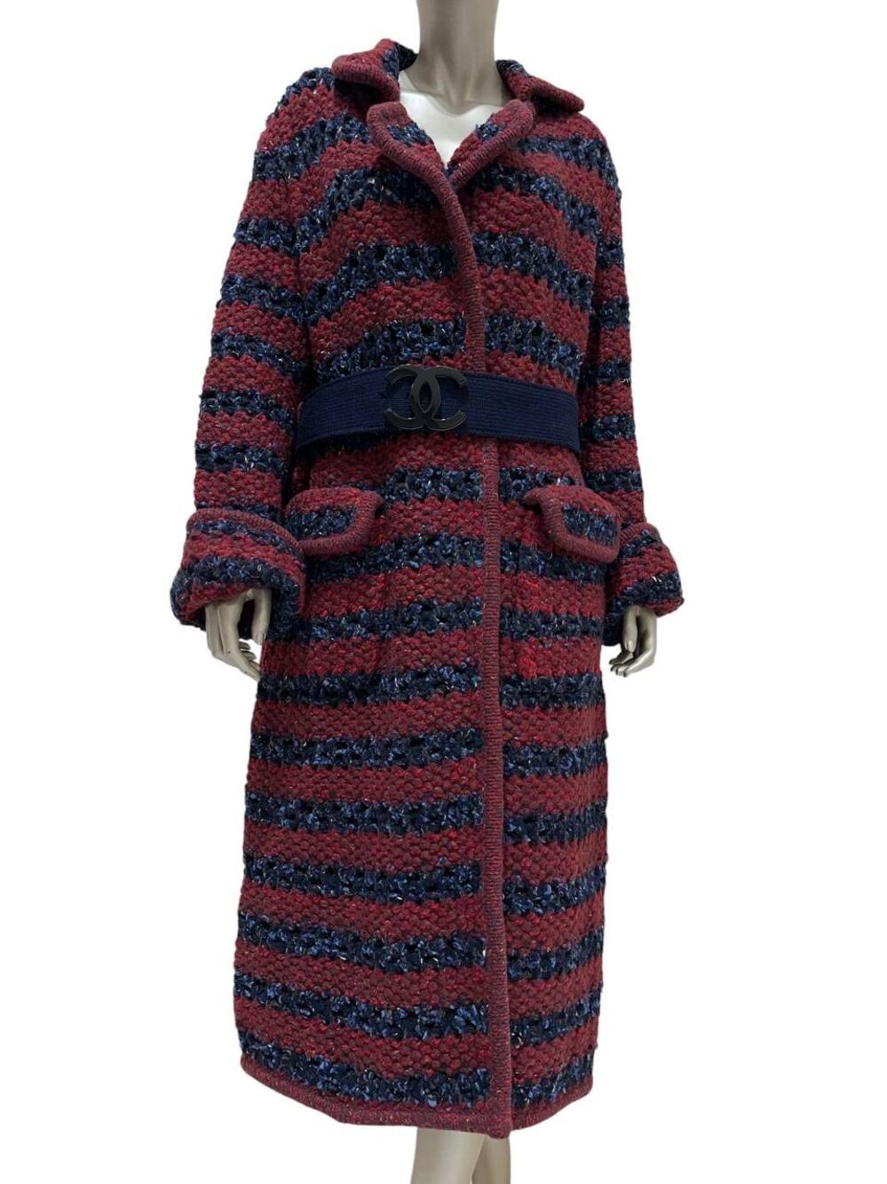 Chanel 2017 Bouclé Striped Coat with CC Buckle Sz.44
